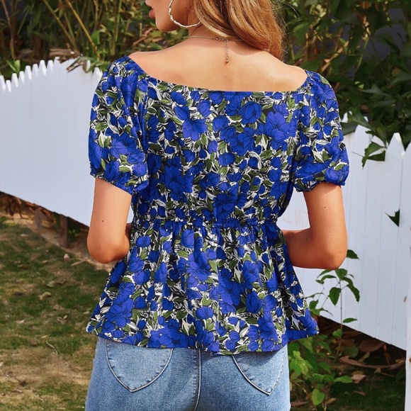 Boho Floral Print Puff Sleeve Babydoll Top Purple - Picture 7 of 13